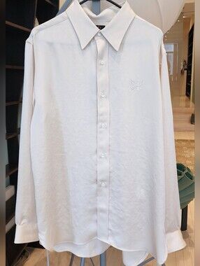 Needles Mens Off White Long-Sleeve Dress Shirt Sateen Size L